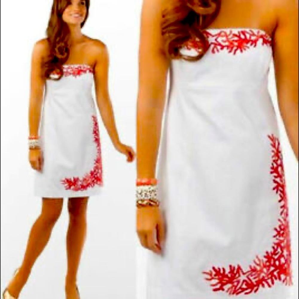 Lilly Pulitzer Bowen Resort White Lorax panel embroidery strapless dress.